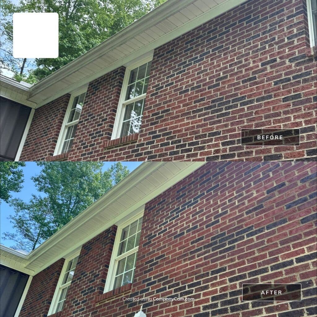 Brick exterior soft wash, before & after