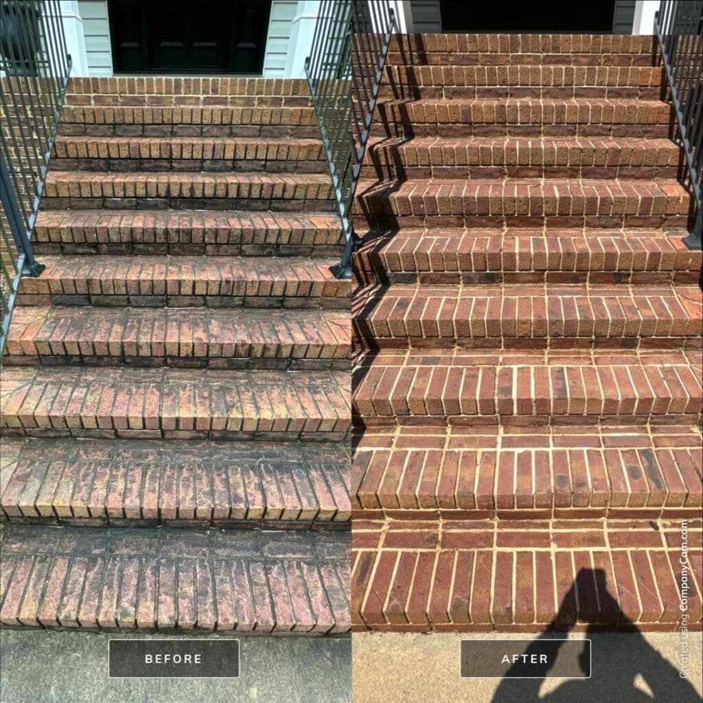 Brick stairway soft wash, before & after