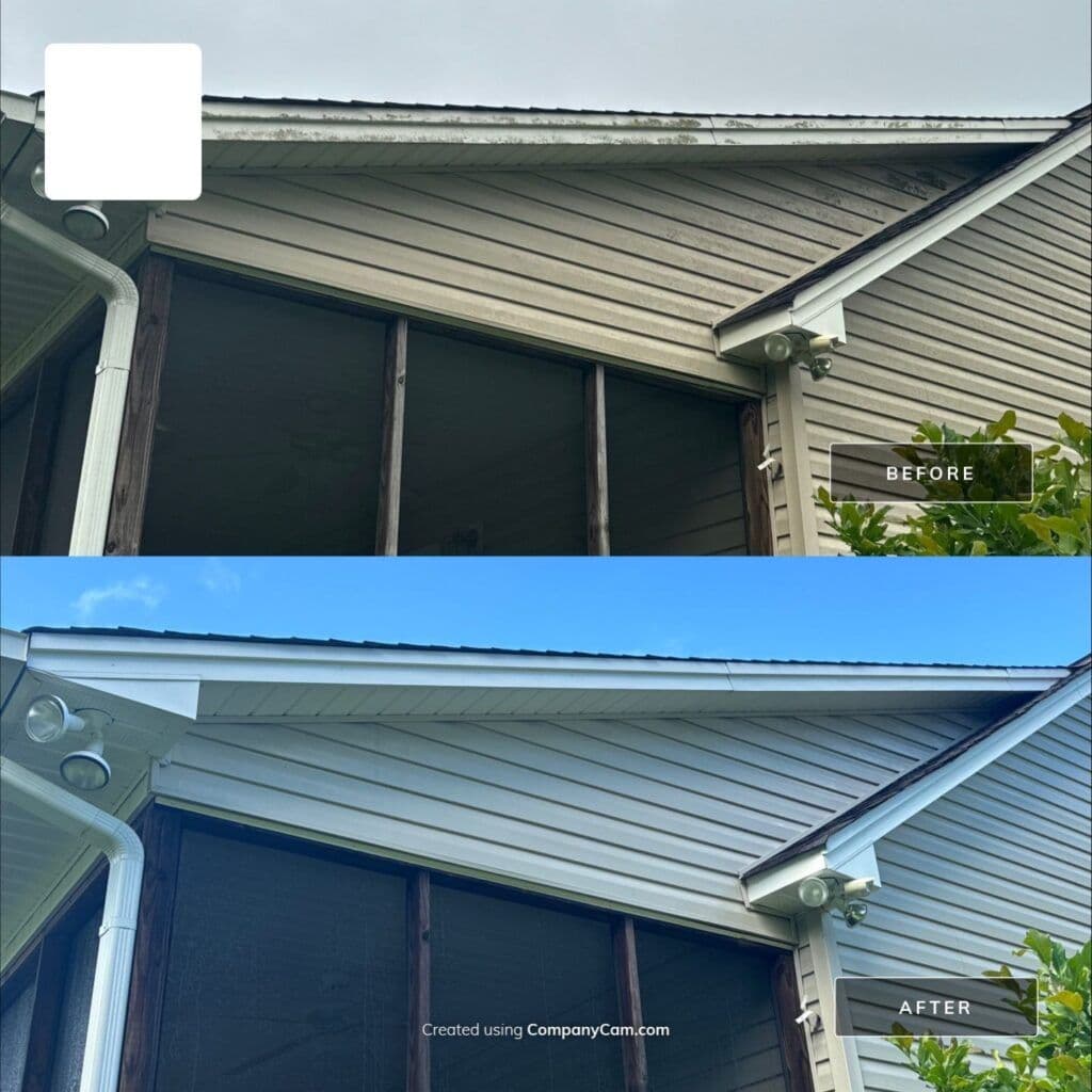 Screened porch & gutter line, before & after